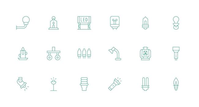 Light Source Icon Set with 18 Minimal Line Graphics Essential Icons for Rapid UI Building vector