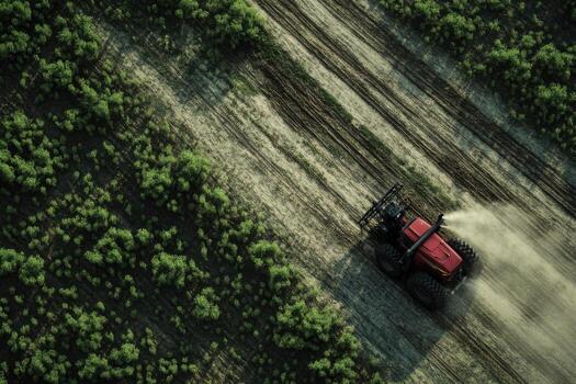 Aerial view of a tractor spraying a field photo