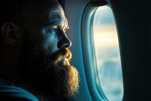 A man with a beard looks out the window of an airplane photo