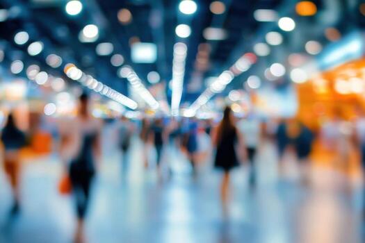 Blurred image of people walking in a crowded mall photo