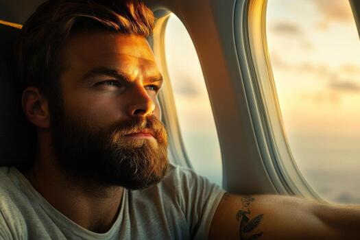 A man with a beard and a tattoo is looking out the window of an airplane photo