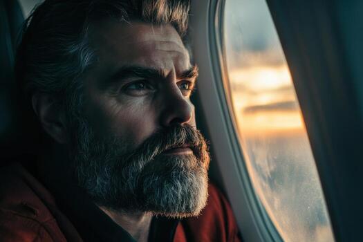 A man with a beard and a red shirt is looking out the window of an airplane photo