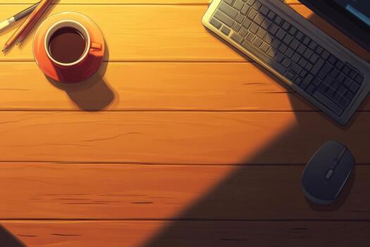 An overhead view of a desk with a laptop, mouse and cup of coffee photo