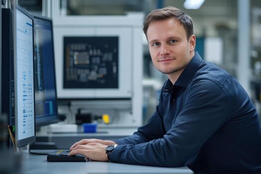 A man sitting at a computer in front of a monitor photo