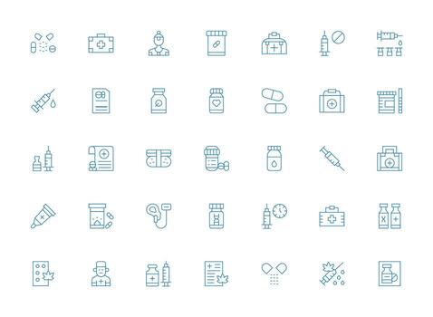 Medication Icon Set with 35 Light Line Graphics Clear and Concise Icon Set Collection vector