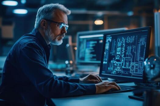 A man in a dark suit is working on a computer photo