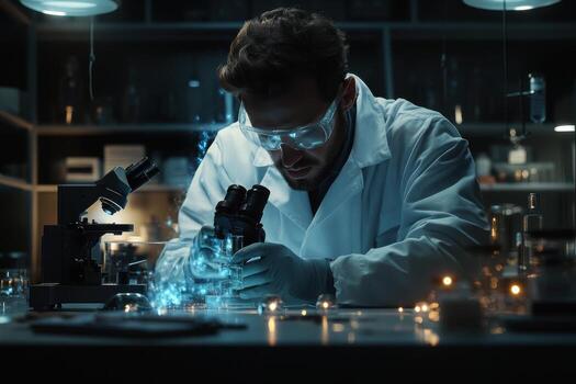 A man in a lab coat is working on something photo