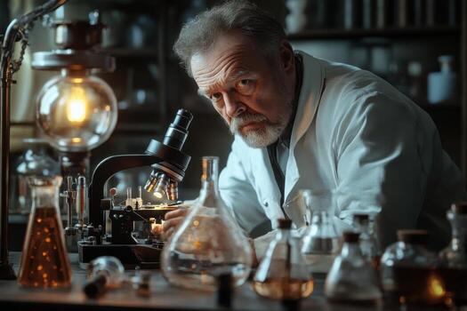 An old man in a lab coat looking at a microscope photo