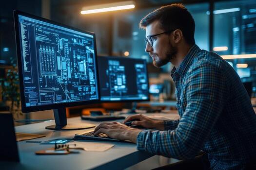 A man is working on a computer in front of two monitors photo
