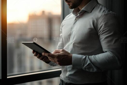 Businessman using tablet computer in front of window photo