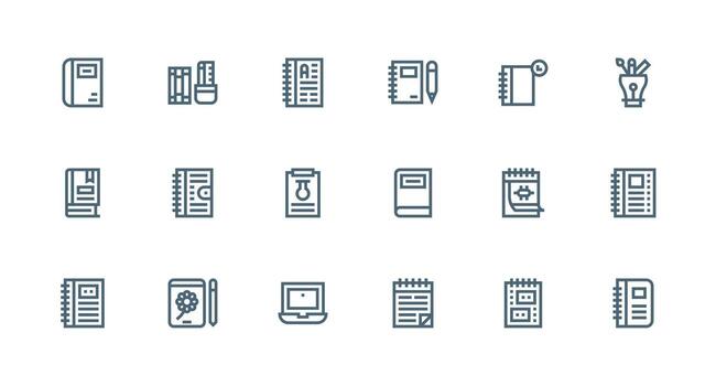 cuaderno diseño íconos presentando 18 en fuerte carrera línea estilo icono conjunto para aplicaciones vector