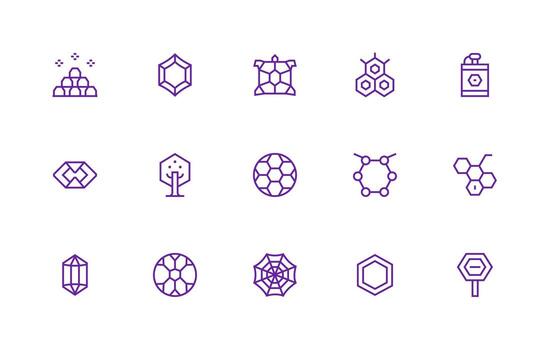 Regular Line Style Hexagon Icons with 15 Vectors Reusable Icon Set