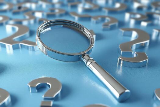 Magnifying glass and question marks on blue background photo