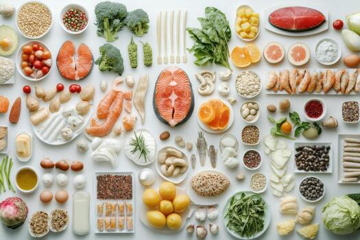 Various types of food are arranged in bowls photo