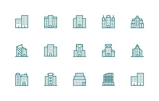 moderno arquitectura presentando 15 íconos en regular línea diseño de múltiples fines icono conjunto vector