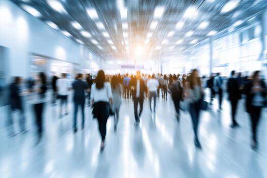 A blurry image of people walking in a large building photo