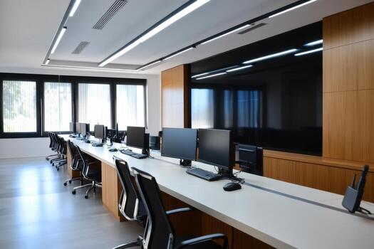 A long table with several computers and chairs photo