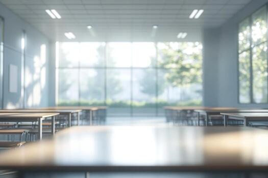 Empty classroom with tables and chairs in front of large windows photo