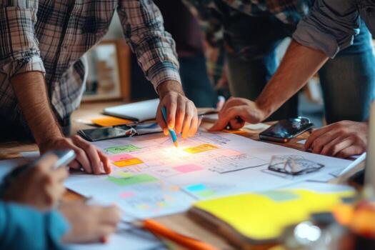People working on a project at a table photo