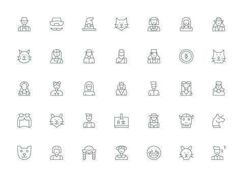 35 ligero línea vectores para personaje tema íconos construido para visual consistencia paquete