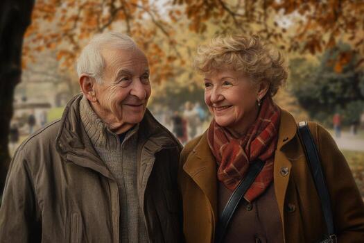 An older couple smiling in the fall photo