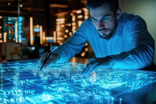 A man is working on a computer screen with a blue background photo