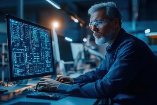 A man in glasses is working on a computer screen photo