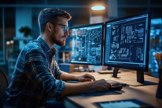 A man is working on a computer with two monitors photo