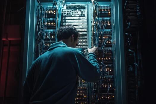 A man is standing in front of a server rack photo