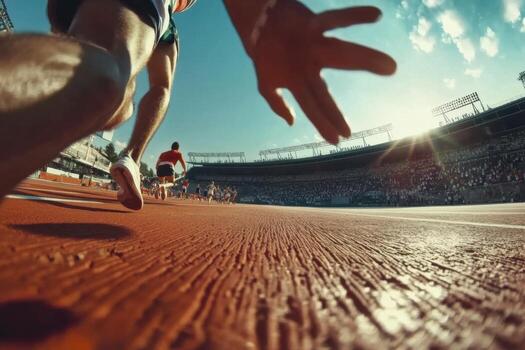 Athlete running on a track at a stadium photo