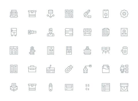 datos almacenamiento presentando 35 íconos en ligero línea diseño interfaz icono colección para diario proyectos vector