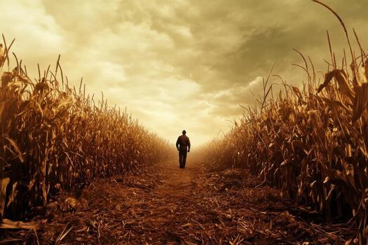 A man walks through a corn field photo