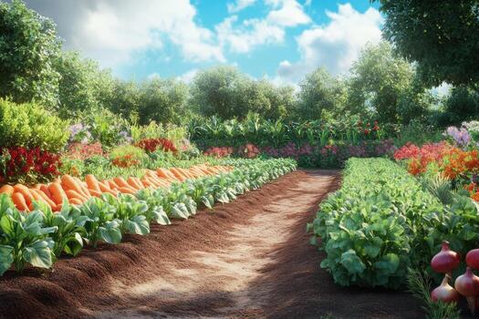 An image of a vegetable garden with dirt path photo