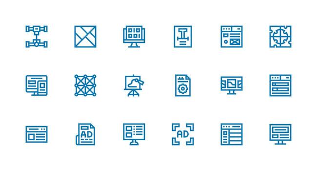 Layout Design Icons featuring 18 in Strong Stroke Line Style Multi-Purpose Icon Set vector