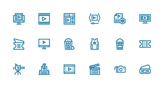 Movie Visual Pack containing 18 Strong Stroke Line Icons Flexible Icon System for Web Interfaces vector