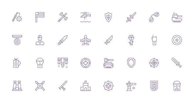 Delgado línea estilo militar íconos con 32 vectores todas dispositivo compatible icono conjunto