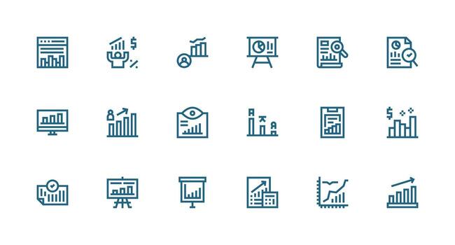 18 bar gráfico íconos en fuerte carrera línea estético agudo íconos para presentaciones vector