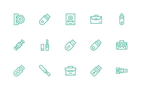 Portable Storage Visual Pack containing 15 Regular Line Icons Sharp Icons for Presentations vector