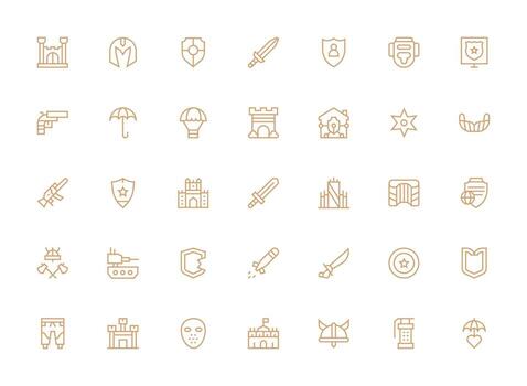 Defense Design Icons featuring 35 in Regular Clean Line Style User Interface Icons for Digital Products vector
