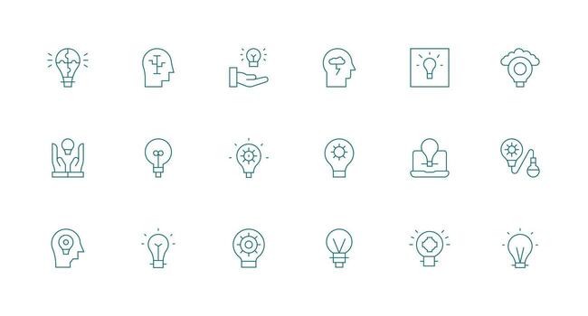 lluvia de ideas icono conjunto con 18 mínimo línea gráficos basado en temas icono paquete vector