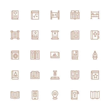 Book Icon Set with 25 Medium Stroke Outline Graphics Customizable Icon Series for Mobile Screens vector