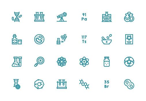 Science including 24 Thick Line Line Illustrations Quick Access Icons for UI Development vector