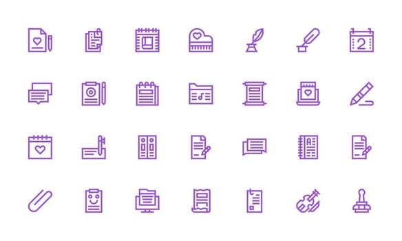 Nota presentando 28 íconos en negrita línea diseño escalable íconos para todas temas vector