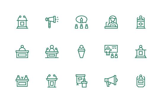 Public Speaking Design Icons featuring 15 in Regular Line Style Glyph Icon Series vector