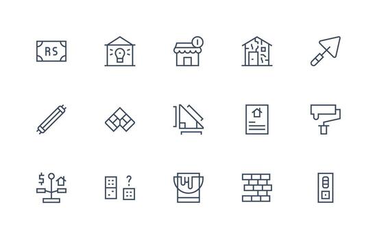 Renovation Icon Set with 15 Regular Line Graphics User Interface Icons for Digital Products vector