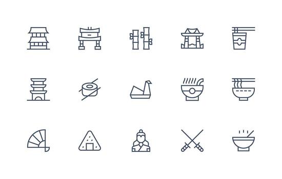 Japanese Icon Set with 15 Regular Line Graphics Clean Icon Collection for Web Use vector
