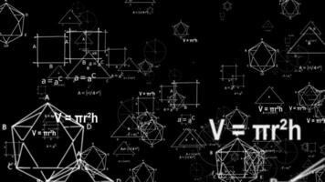 dinâmico matemático fórmulas e geométrico formas em uma Preto fundo a abstrato científico visualização, uma complexo e organizado padronizar do matemático esquemas.a técnico, semelhante a um projeto BA video