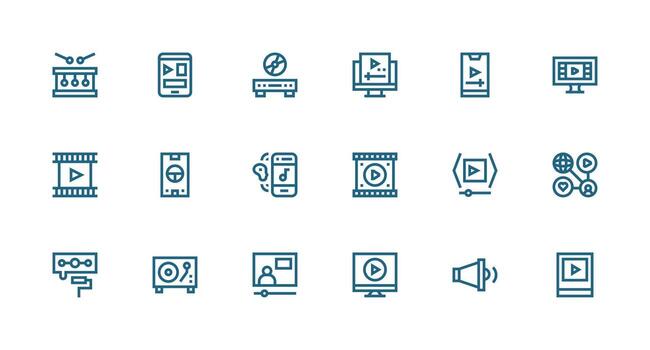 18 íconos para reproducción en fuerte carrera línea formato rápido acceso íconos para ui desarrollo vector