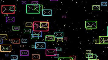 dinámica neón correo electrónico fluir resumen digital comunicación antecedentes con brillante sobres,a moderno y energético visual para tecnología y comunicación temas.a tecnología temática antecedentes con flotante, vibrante video