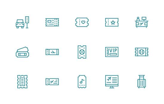 Ticket Design Icons featuring 15 in Regular Line Style Essential Icon Set for Teams vector